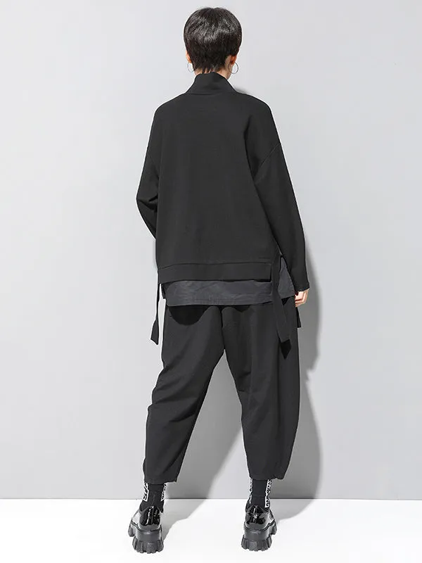 Black False-Two Split-Joint High-Neck Sweatshirt T-Shirt