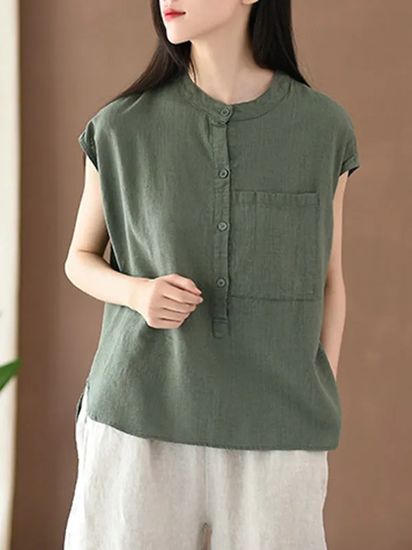 Cap Sleeve High-Low Solid Color Stand Collar Blouses&Shirts Tops