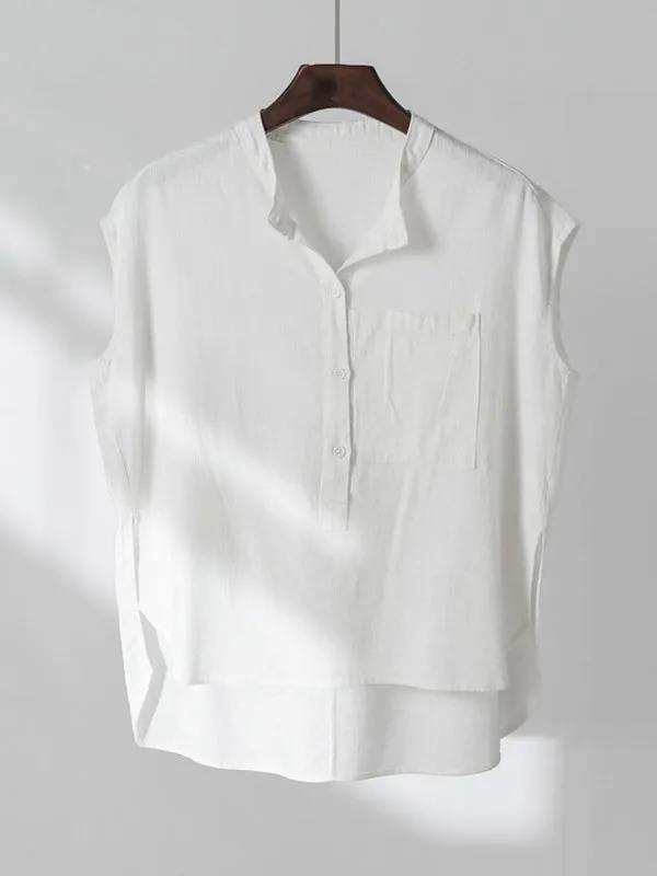 Cap Sleeve High-Low Solid Color Stand Collar Blouses&Shirts Tops