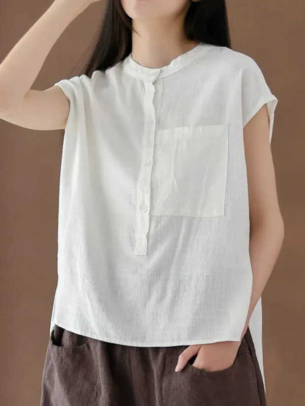 Cap Sleeve High-Low Solid Color Stand Collar Blouses&Shirts Tops