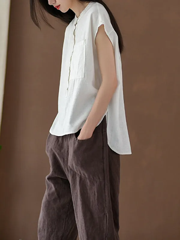 Cap Sleeve High-Low Solid Color Stand Collar Blouses&Shirts Tops