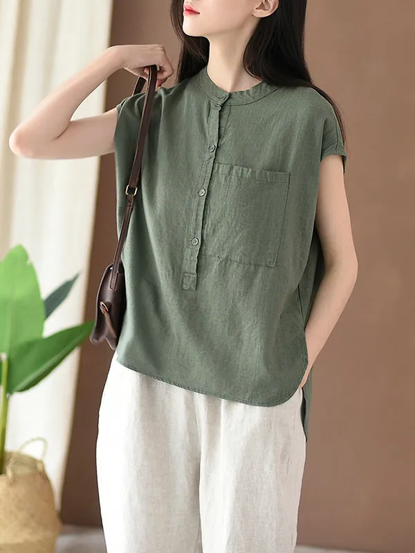 Cap Sleeve High-Low Solid Color Stand Collar Blouses&Shirts Tops