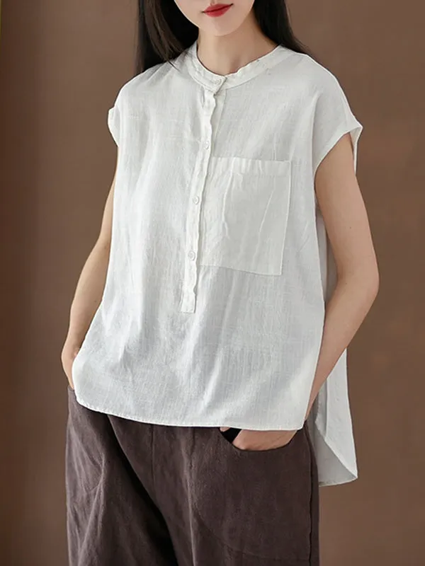 Cap Sleeve High-Low Solid Color Stand Collar Blouses&Shirts Tops