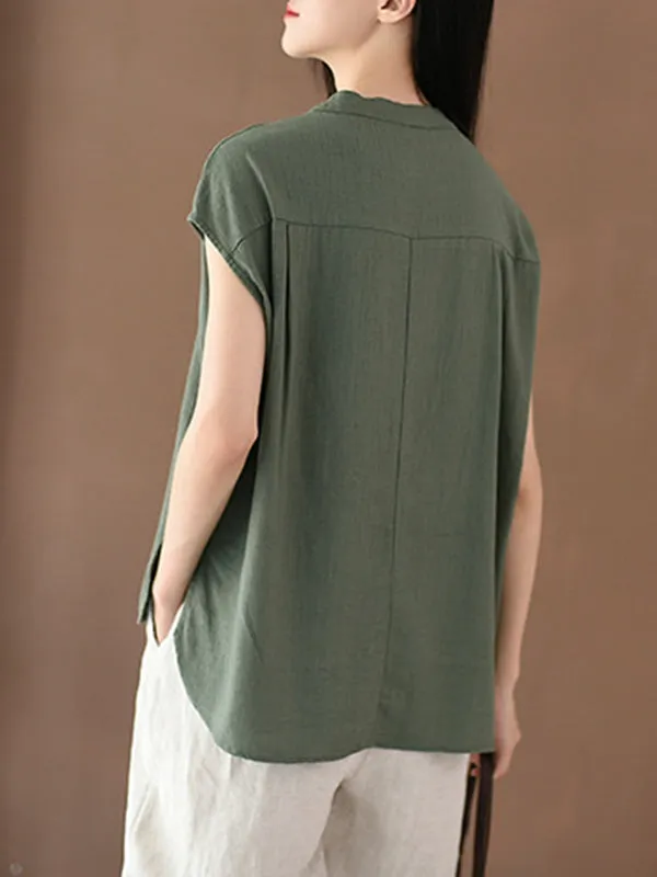 Cap Sleeve High-Low Solid Color Stand Collar Blouses&Shirts Tops