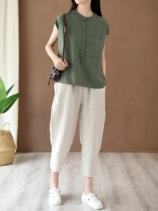 Cap Sleeve High-Low Solid Color Stand Collar Blouses&Shirts Tops