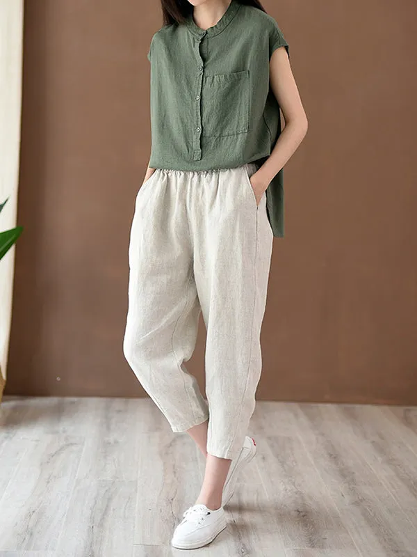 Cap Sleeve High-Low Solid Color Stand Collar Blouses&Shirts Tops