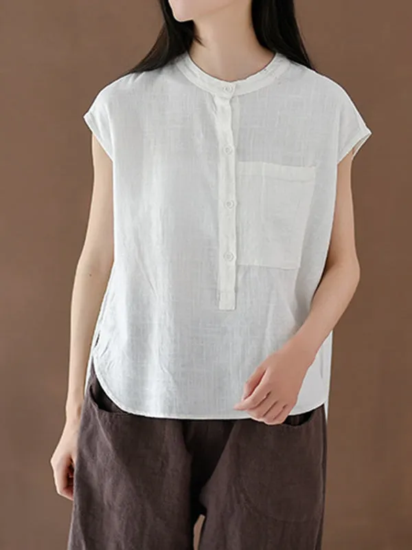 Cap Sleeve High-Low Solid Color Stand Collar Blouses&Shirts Tops
