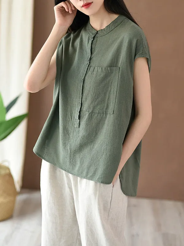 Cap Sleeve High-Low Solid Color Stand Collar Blouses&Shirts Tops