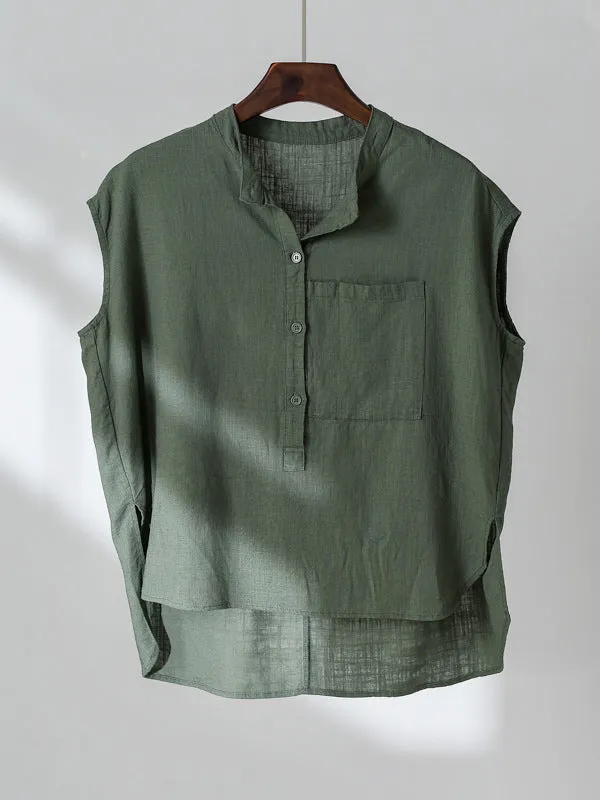 Cap Sleeve High-Low Solid Color Stand Collar Blouses&Shirts Tops