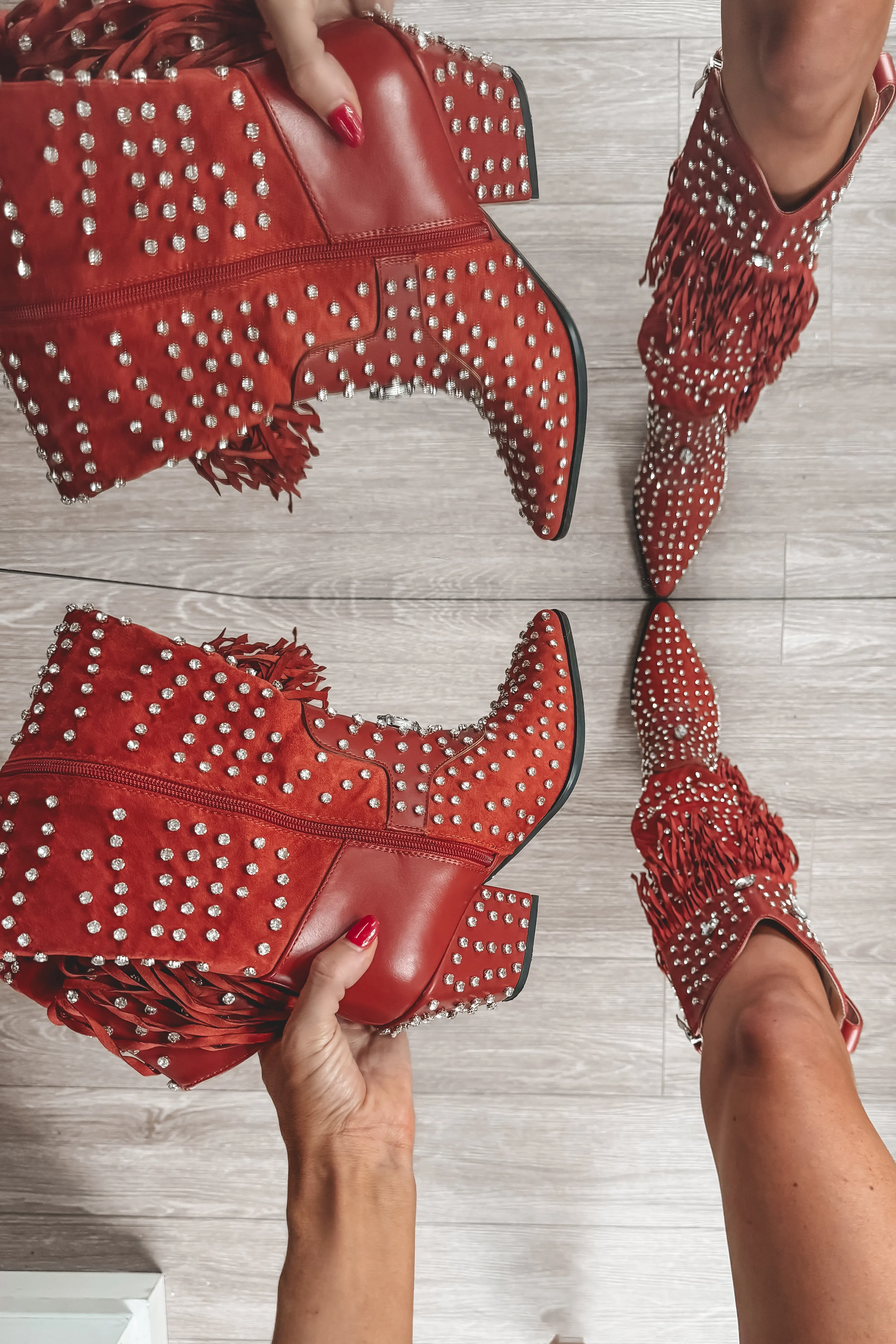 Caught You Staring Burnt Red Rhinestone Studded Fringe Western Boots