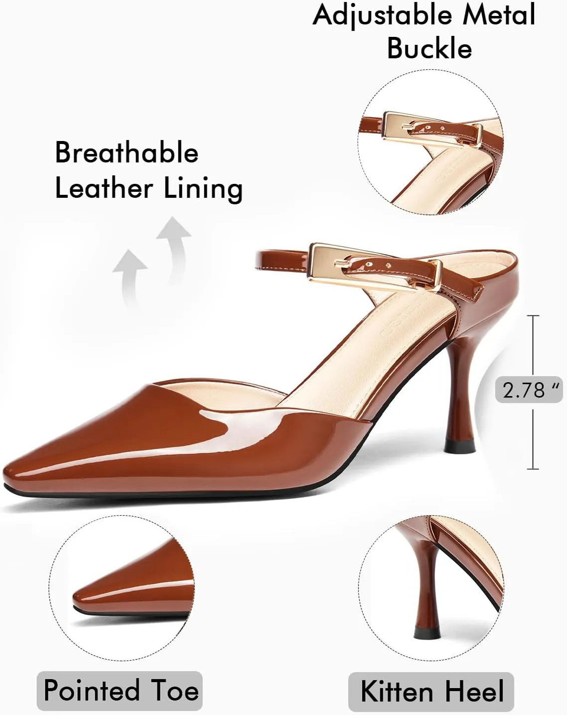 Coutgo Womens High Heels Mules Closed Pointed Toe Kitten Heel Pumps Ankle Buckle Strap Slip On Backless Dress Shoes