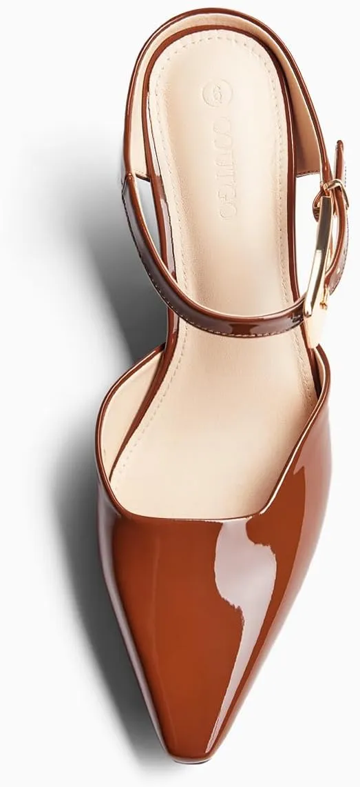 Coutgo Womens High Heels Mules Closed Pointed Toe Kitten Heel Pumps Ankle Buckle Strap Slip On Backless Dress Shoes