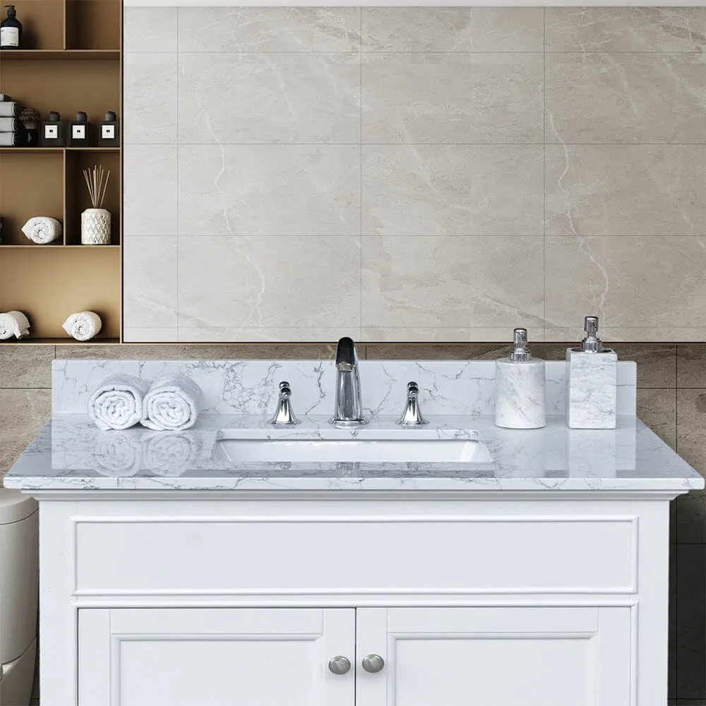 Giving Tree 37"x 22" bathroom stone vanity top Carrara jade engineered marble color with undermount ceramic sink and 3 faucet hole with backsplash
