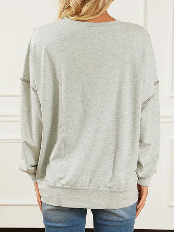 High-Low Long Sleeves Asymmetric Contrast Color Leopard Split-Joint Round-Neck Sweatshirt Tops