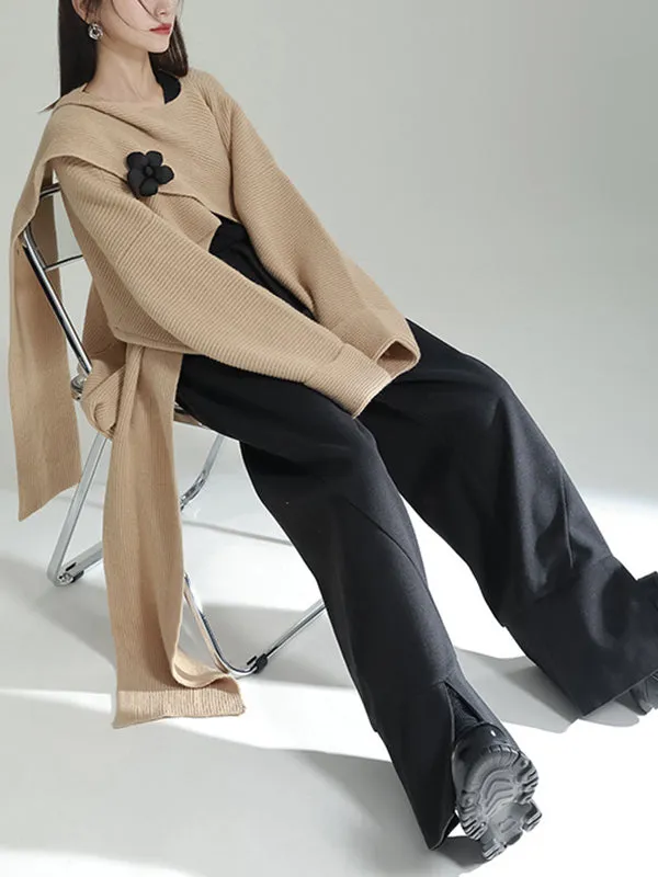 High-Low Long Sleeves Asymmetric Three-Dimensional Flower Round-Neck Cardigan Tops