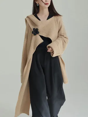 High-Low Long Sleeves Asymmetric Three-Dimensional Flower Round-Neck Cardigan Tops