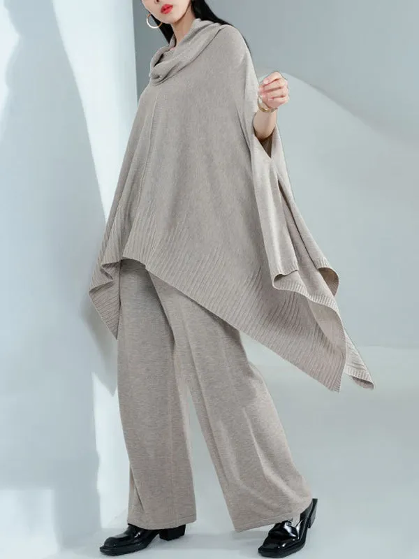 High-Low Long Sleeves Solid Color Heaps Collar Pullovers Sweater Tops