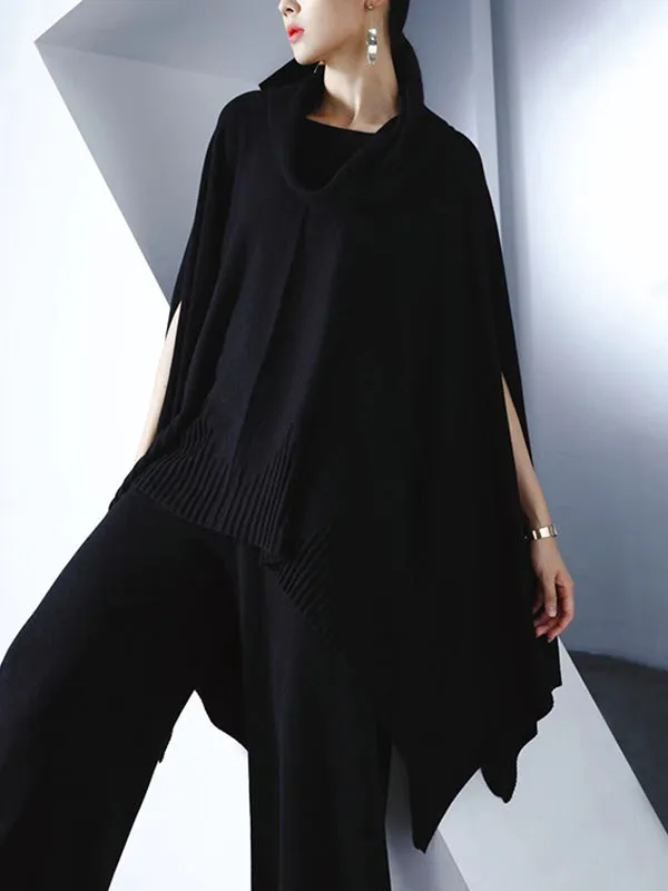 High-Low Long Sleeves Solid Color Heaps Collar Pullovers Sweater Tops