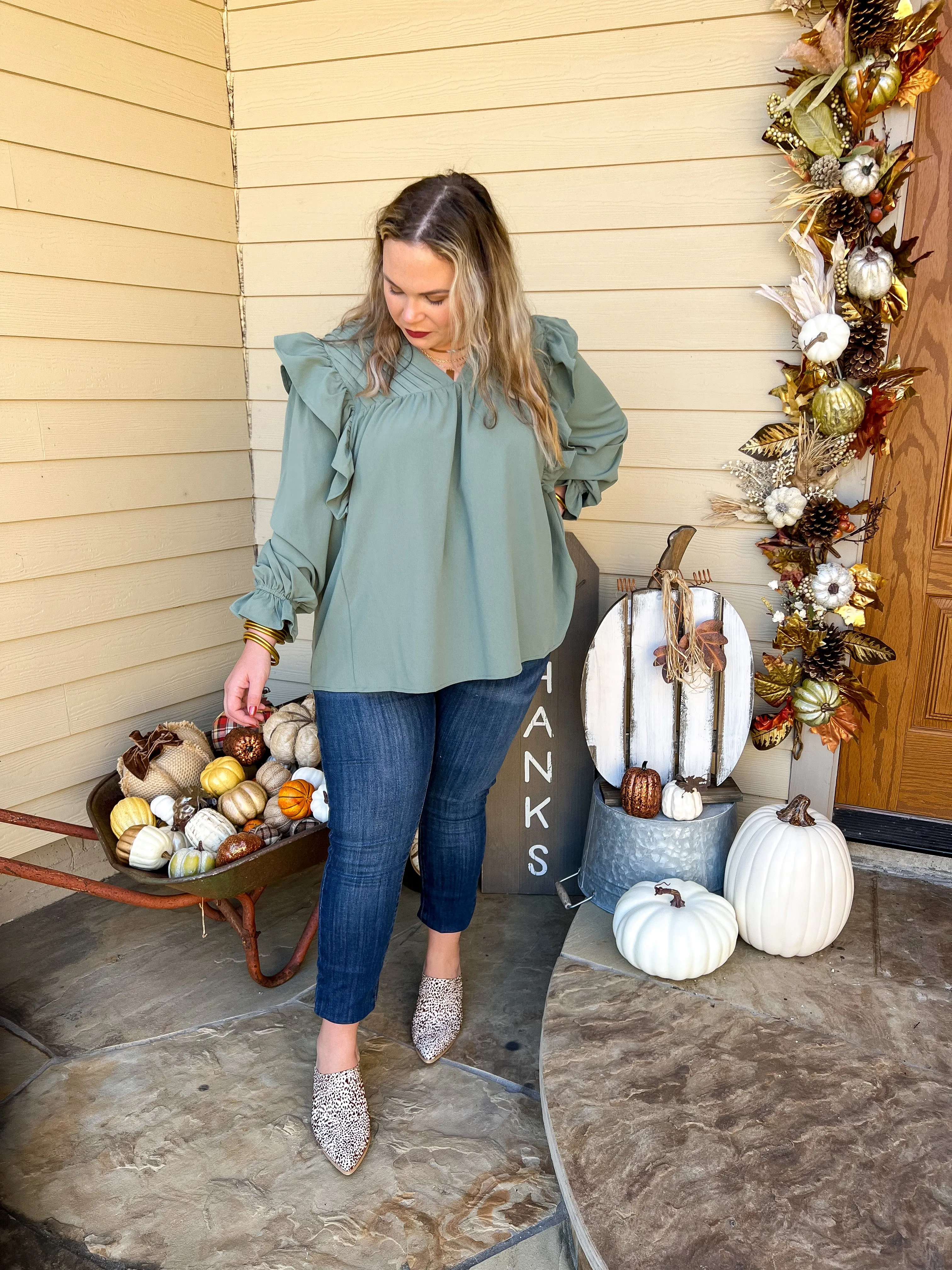 Last Chance Size Small & 1XL | Coffee Perks Ruffle Detail Long Sleeve Top in Sage Green