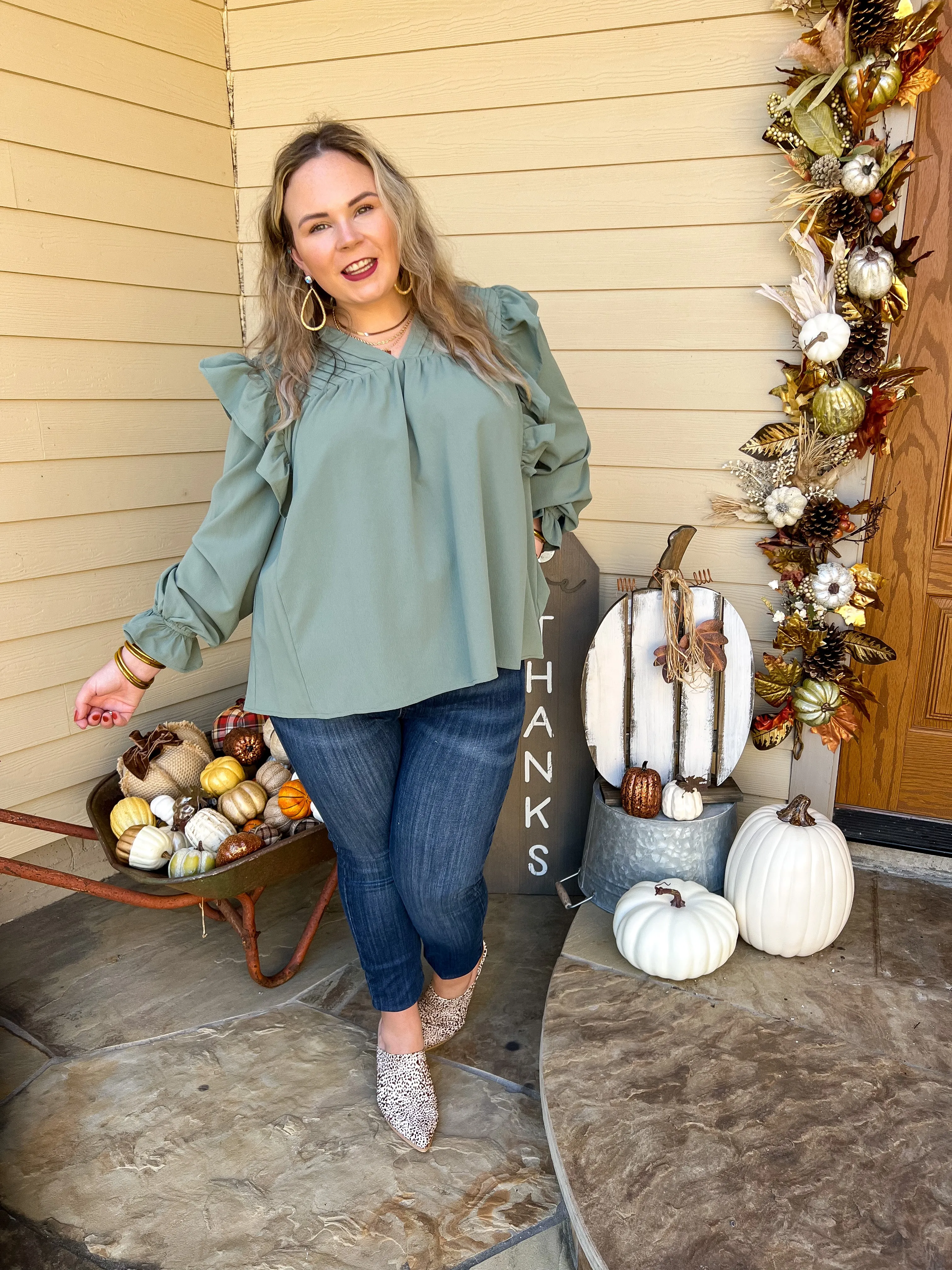 Last Chance Size Small & 1XL | Coffee Perks Ruffle Detail Long Sleeve Top in Sage Green