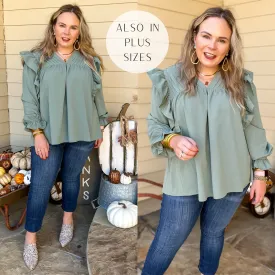 Last Chance Size Small & 1XL | Coffee Perks Ruffle Detail Long Sleeve Top in Sage Green