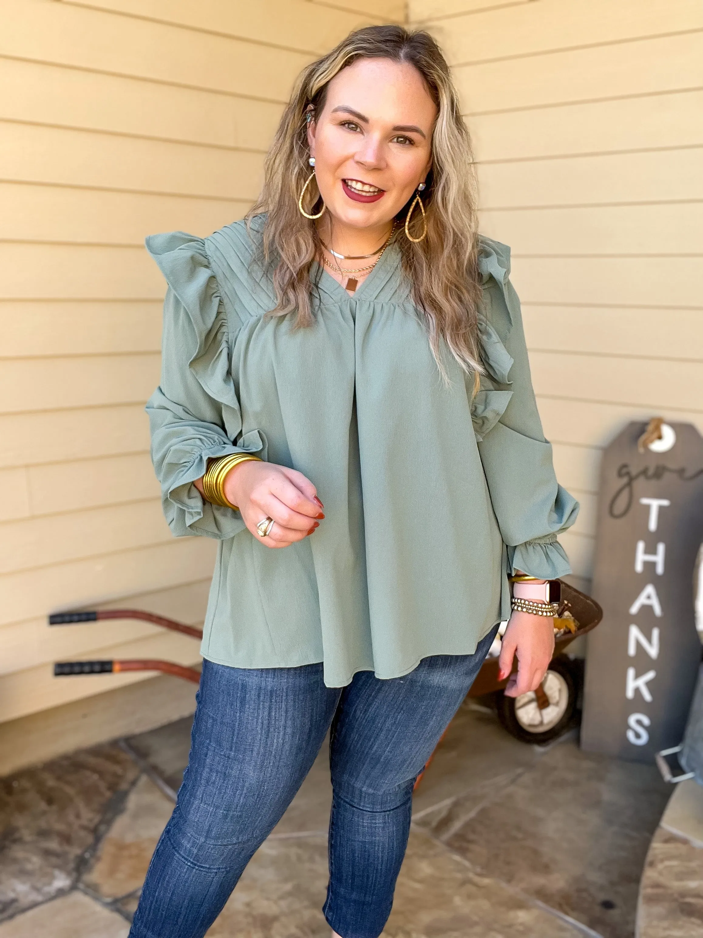 Last Chance Size Small & 1XL | Coffee Perks Ruffle Detail Long Sleeve Top in Sage Green