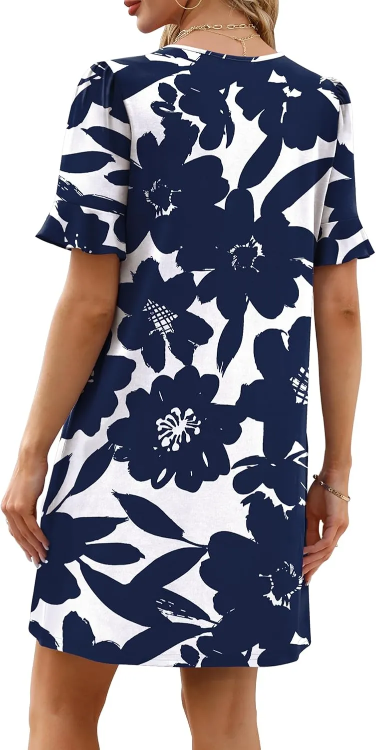 OFEEFAN Summer Dresses for Women Ruffle Short Sleeve V Neck Casual Shift Dress with Pockets