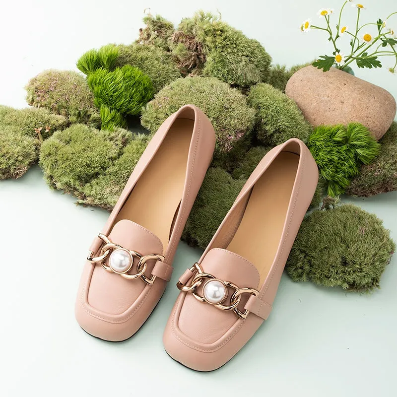 Pearl Detailed Leather Loafers for Women Black/Nude