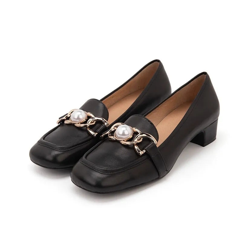Pearl Detailed Leather Loafers for Women Black/Nude