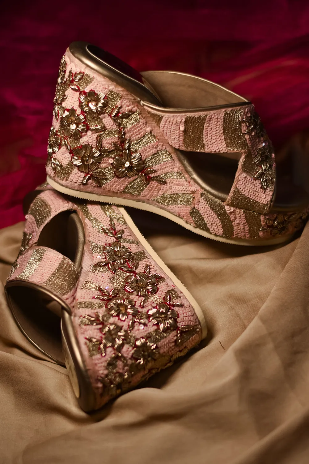 Pink Embroidered Wedges