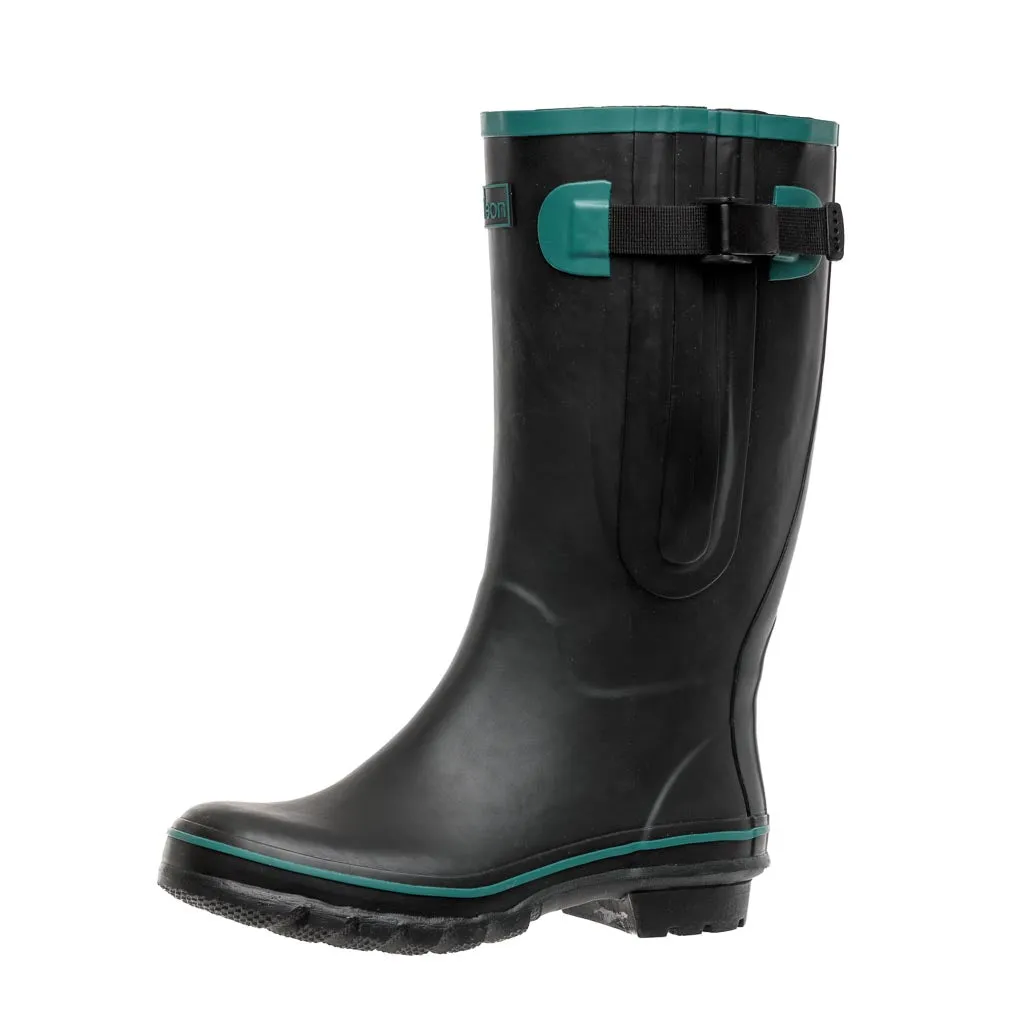 Wide Calf Rain Boots - 15 to 19 inch calf - Black with Teal Trim - Regular Width in Ankle