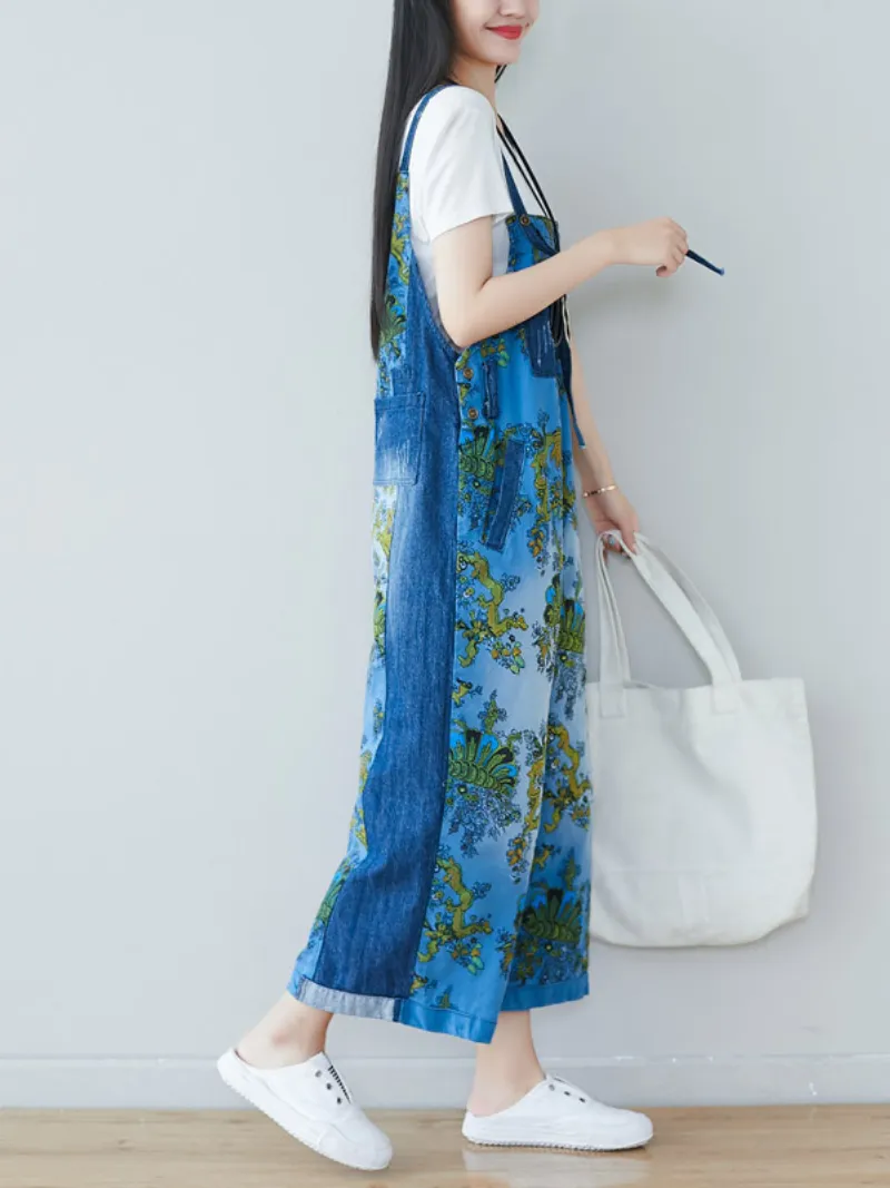 Women's Comfortable Printed Front and Back Pockets Dungarees