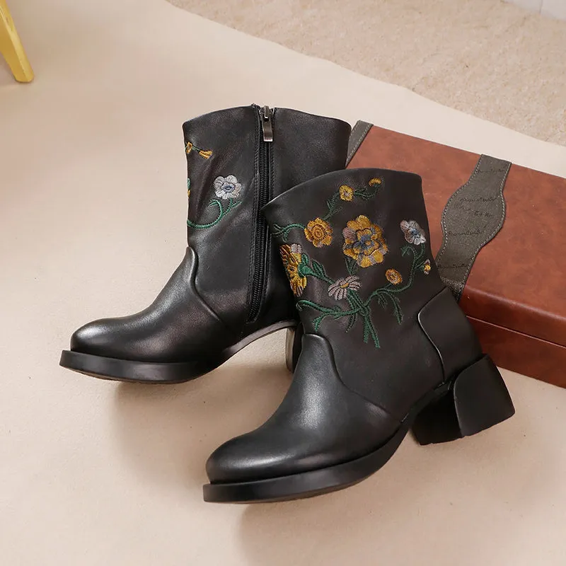 Women's Genuine Leather Short Boots With Embroidery Flowers in Black/Brown