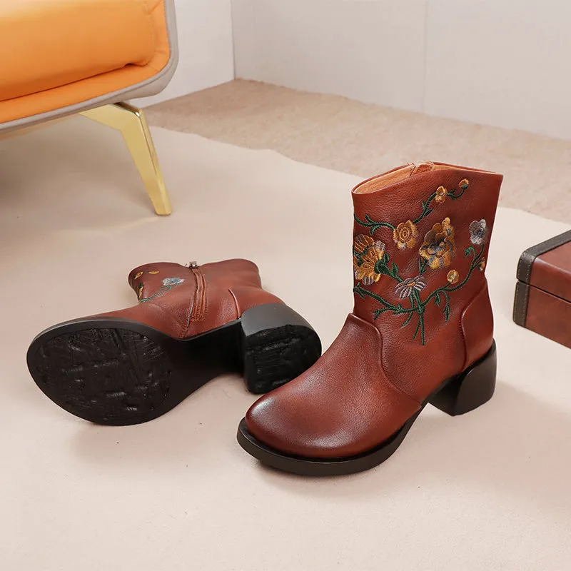 Women's Genuine Leather Short Boots With Embroidery Flowers in Black/Brown