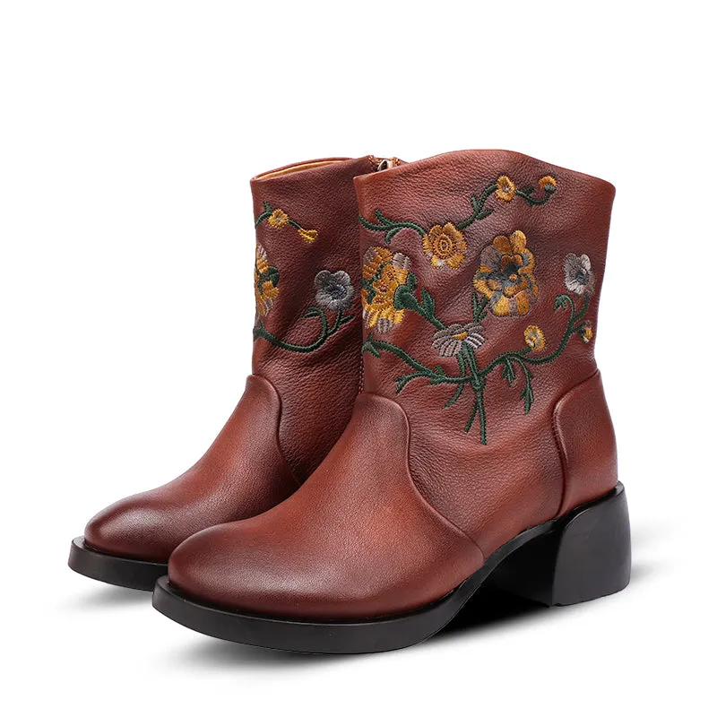 Women's Genuine Leather Short Boots With Embroidery Flowers in Black/Brown