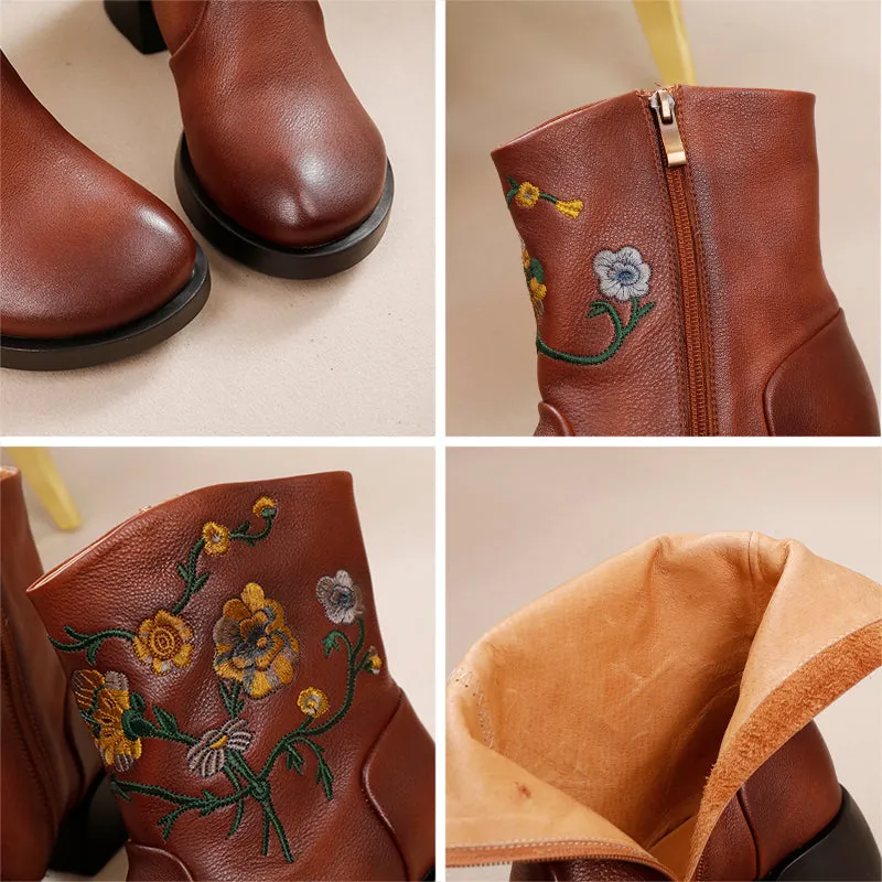 Women's Genuine Leather Short Boots With Embroidery Flowers in Black/Brown
