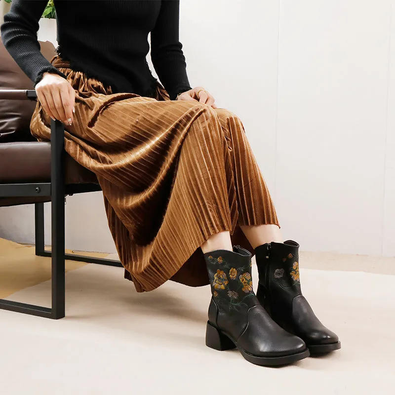 Women's Genuine Leather Short Boots With Embroidery Flowers in Black/Brown