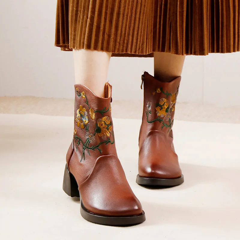 Women's Genuine Leather Short Boots With Embroidery Flowers in Black/Brown
