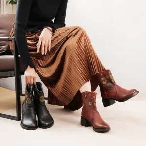 Women's Genuine Leather Short Boots With Embroidery Flowers in Black/Brown