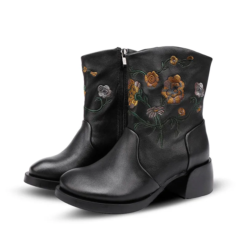Women's Genuine Leather Short Boots With Embroidery Flowers in Black/Brown